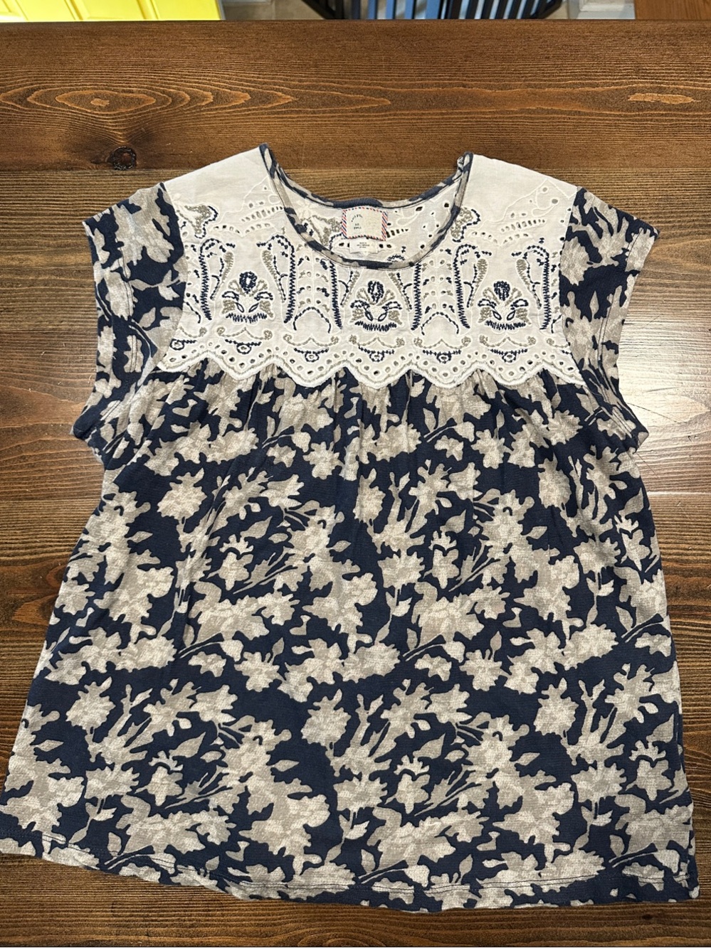 anthropologie Embroidered Yoke Navy Floral Top